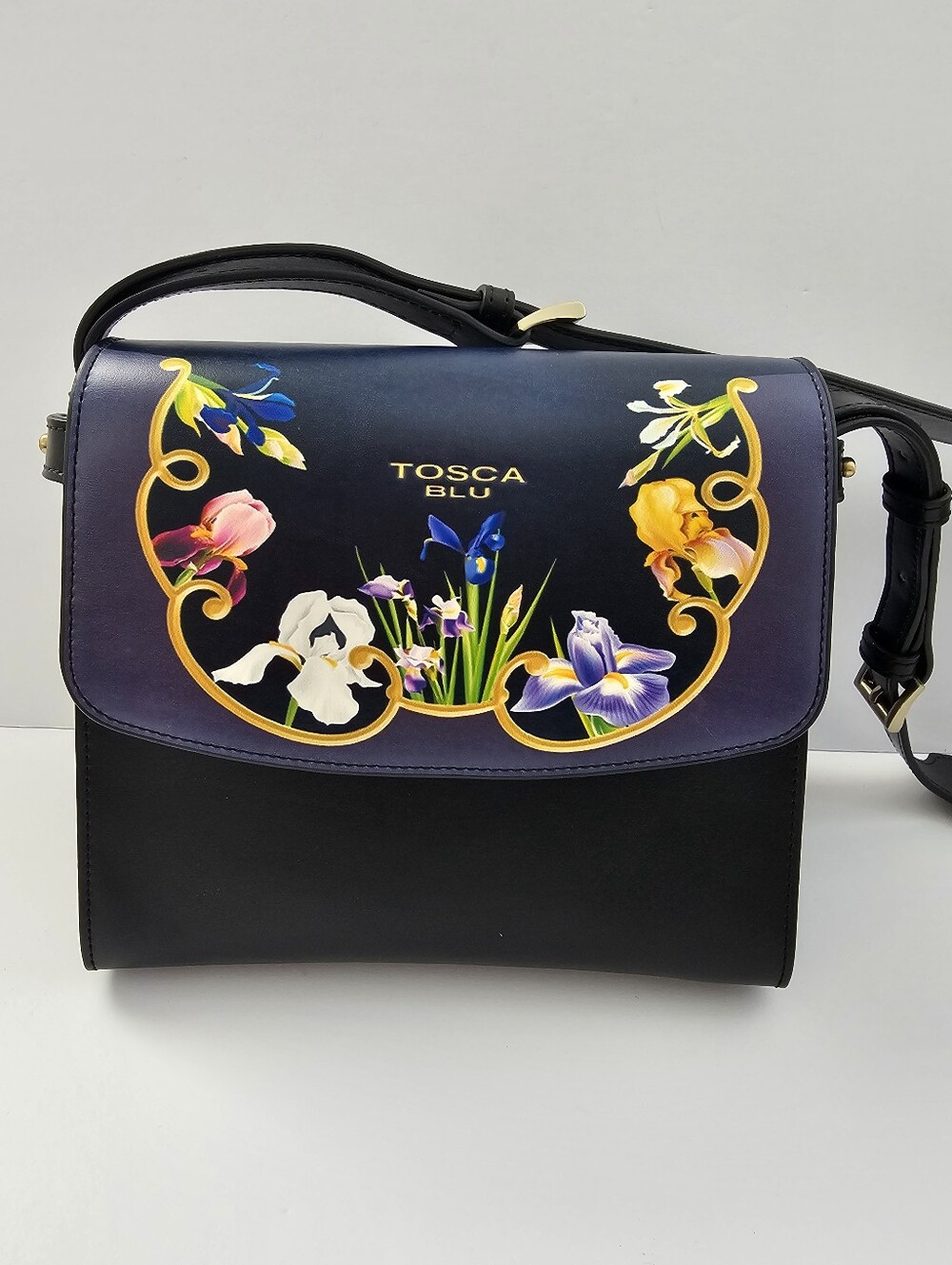 Tosca Blu Floral Iris Print Leather Crossbody Shoulder Bag Black Blue Gold​